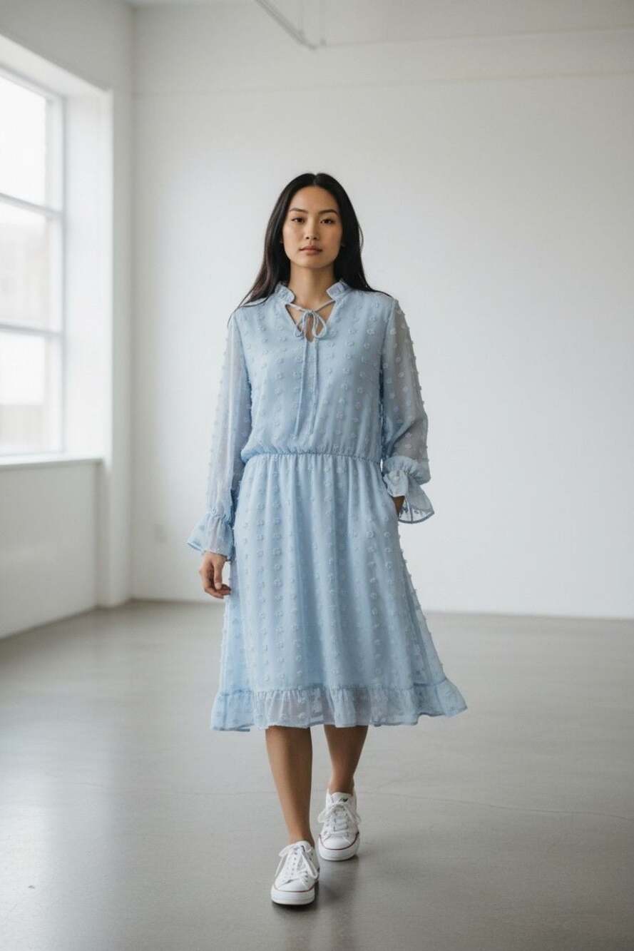 Tacera Light Blue Swiss Dot Long Sleeve V-Neck Ruffle Hem Dress